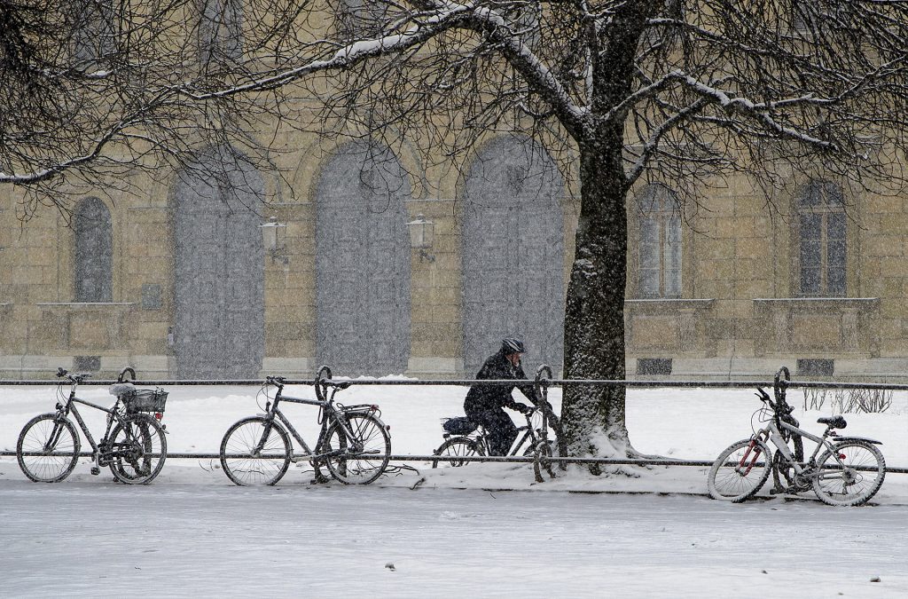 Fahrradfahrer im Hofgarten bei Schneegestöber